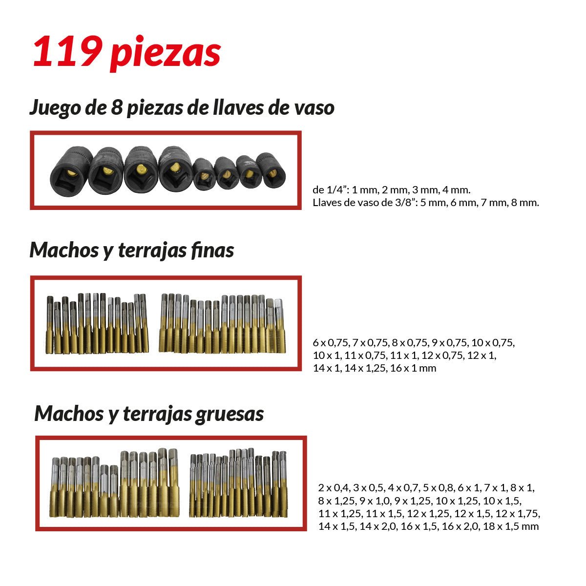 Juego de tarrajas y machuelos, métricos de titanio de 119 piezas 4888-WW