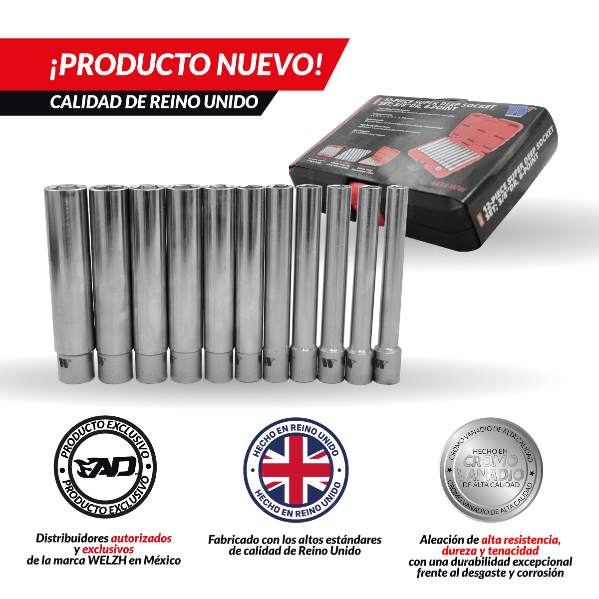 Juego de dados largos; Súper profundo, 3/8''dr, 6 puntas, 12 piezas 4434-WW