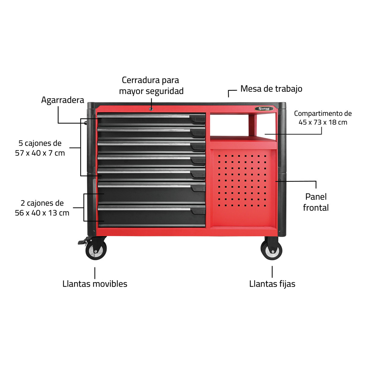 360 - Gabinete para herramientas con mesa de trabajo con ruedas - 12 cajones