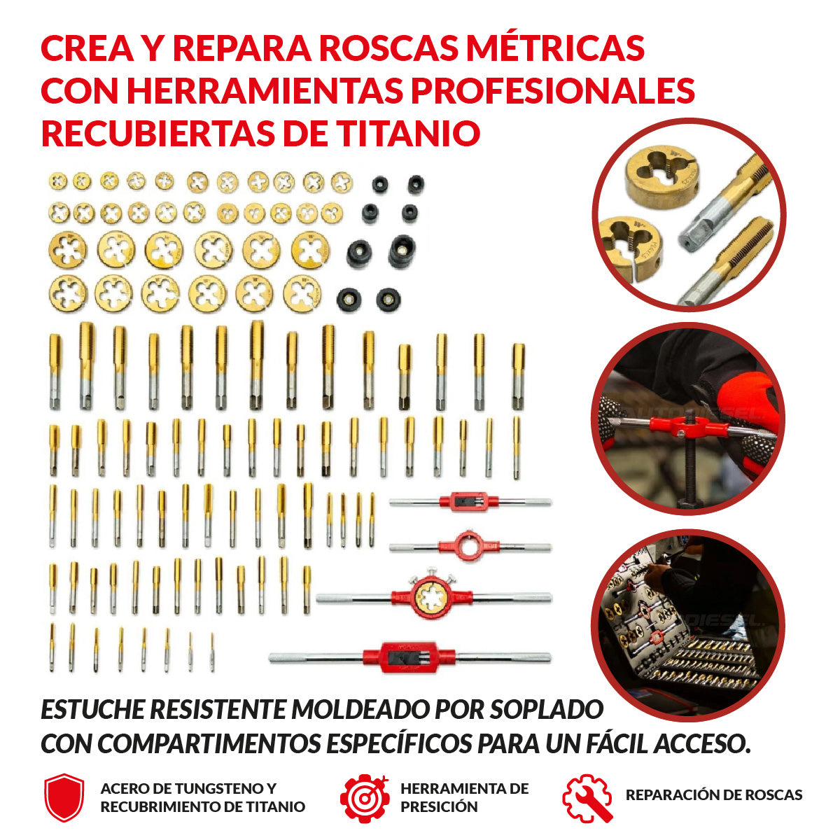 Juego de tarrajas y machuelos, métricos de titanio de 119 piezas 4888-WW