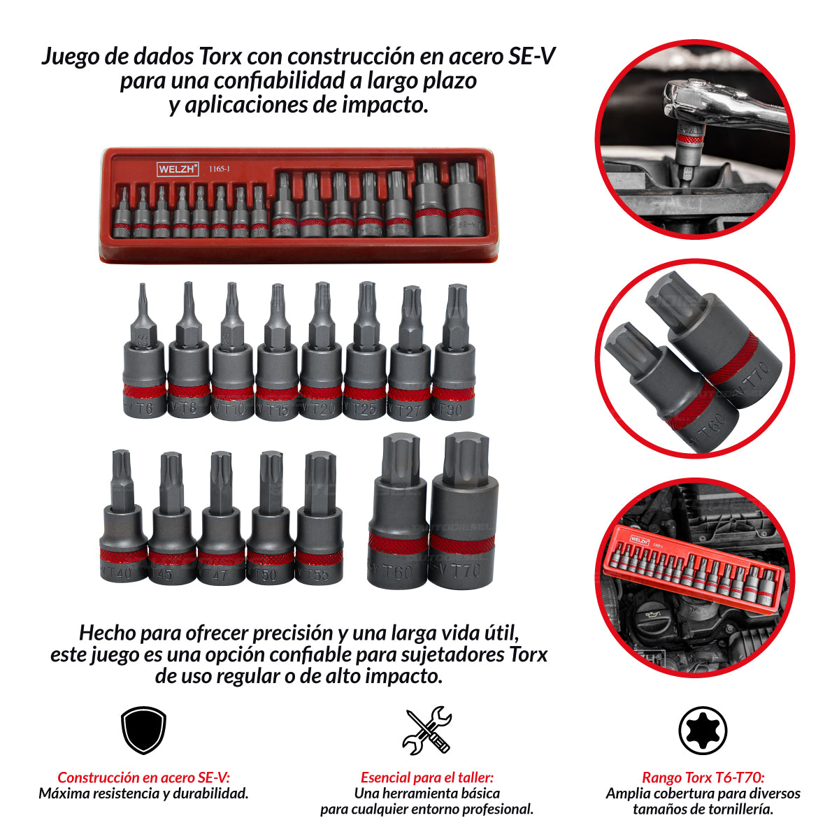 Juego de Dados con Puntas Torx Bit, Acero SE-V, T6-T70 1165-1-WW