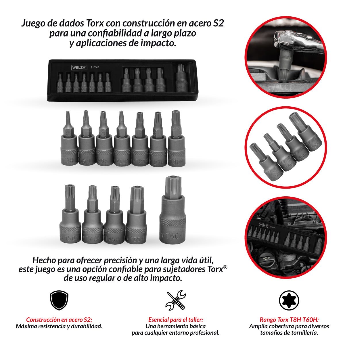 Juego puntas Torx de 12 piezas T8H-T60H S2 Acero zincado 1165-3-WW