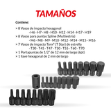 Juego de llaves de vaso; Impacto, 1/2'', Torx, hexagonal y estriado 3545-WW