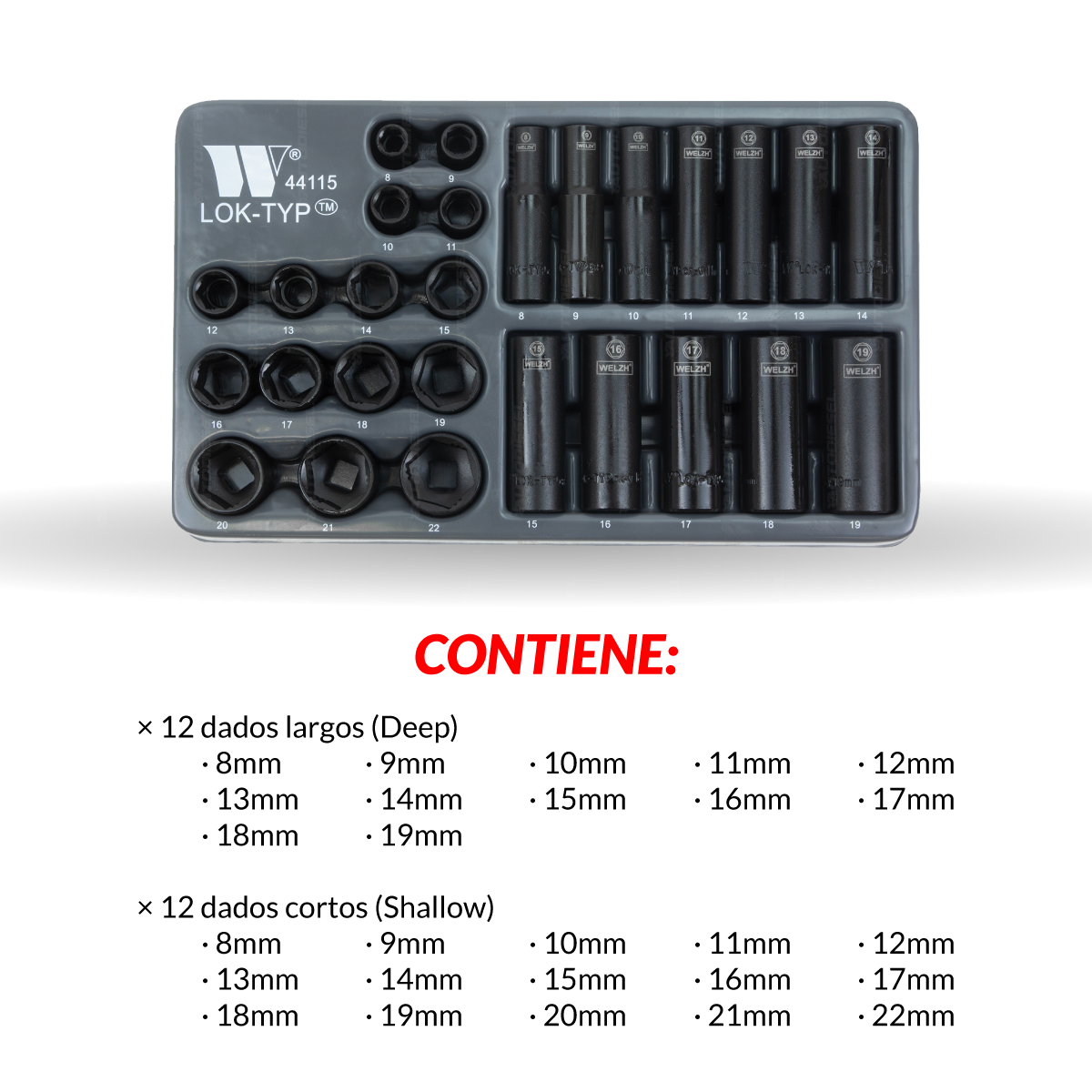 Juego de enchufes impacto 8-19 mm Lok-Typ; 3/8'', profundo y poco profundo 44115-WW