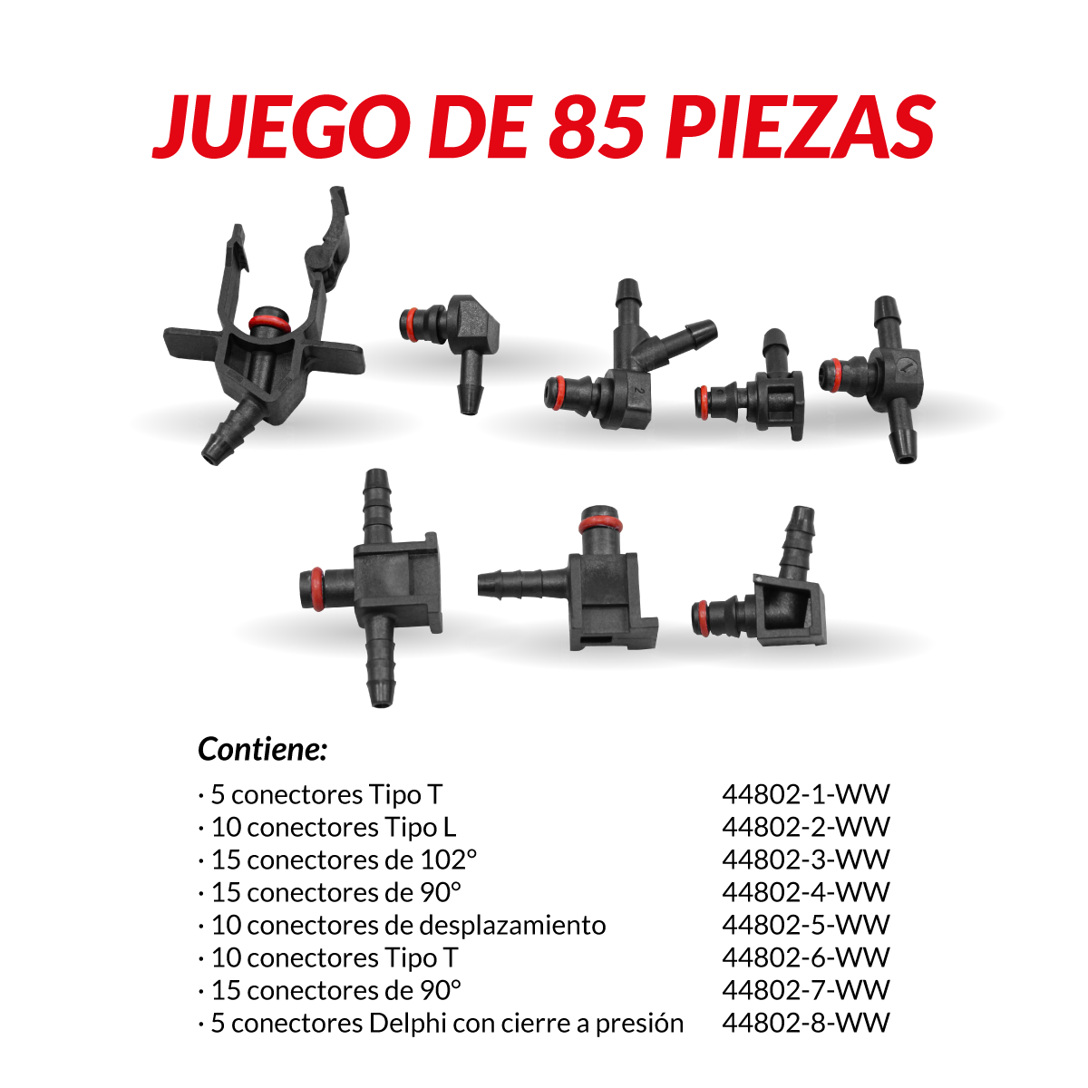 Surtido de conectores de retorno para inyector diesel, 85 piezas 44802-WW