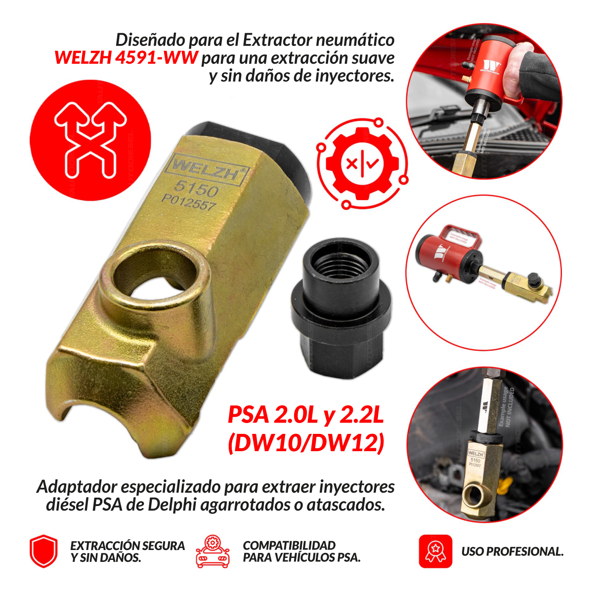 Adaptador universal para extractor neumático,inyectores diesel PSA 2.0L y 2.2L (DW10 / DW12) 5150-WW