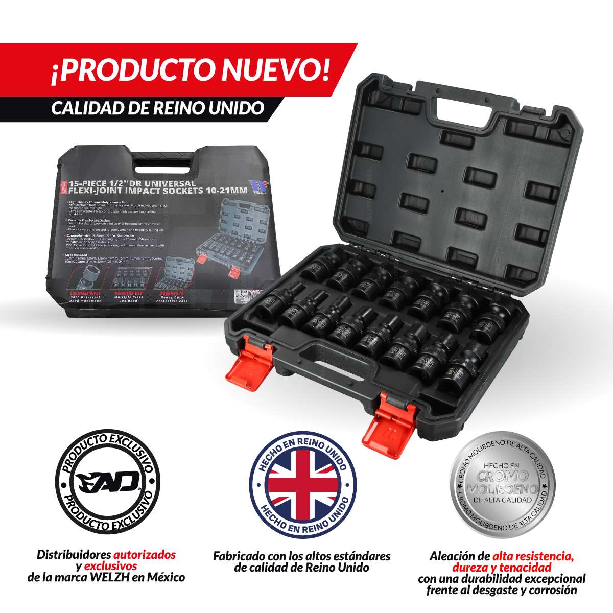Juego de dados de impacto con nudo; 15 vasos de impacto universales con junta flexible de 1/2''dr, 10-24 mm 5151-WW