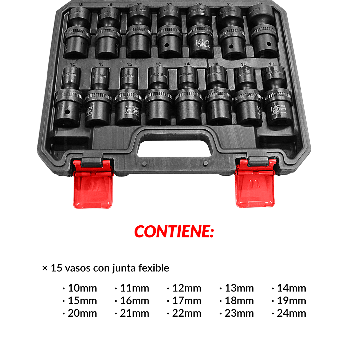 Juego de dados de impacto con nudo; 15 vasos de impacto universales con junta flexible de 1/2''dr, 10-24 mm 5151-WW
