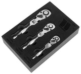 Juego de Carraca; 3 Piezas con Cabeza Flexible Corta; 1/4'', 3/8'' y 1/2''dr