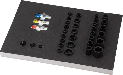 Bandeja para Herramientas; Dados de Impacto Profundos y Superficiales, Protectores x3, Surtido de Dados para Articulación Universal