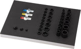 Bandeja para Herramientas; Dados de Impacto Profundos y Superficiales, Protectores x3, Surtido de Dados para Articulación Universal