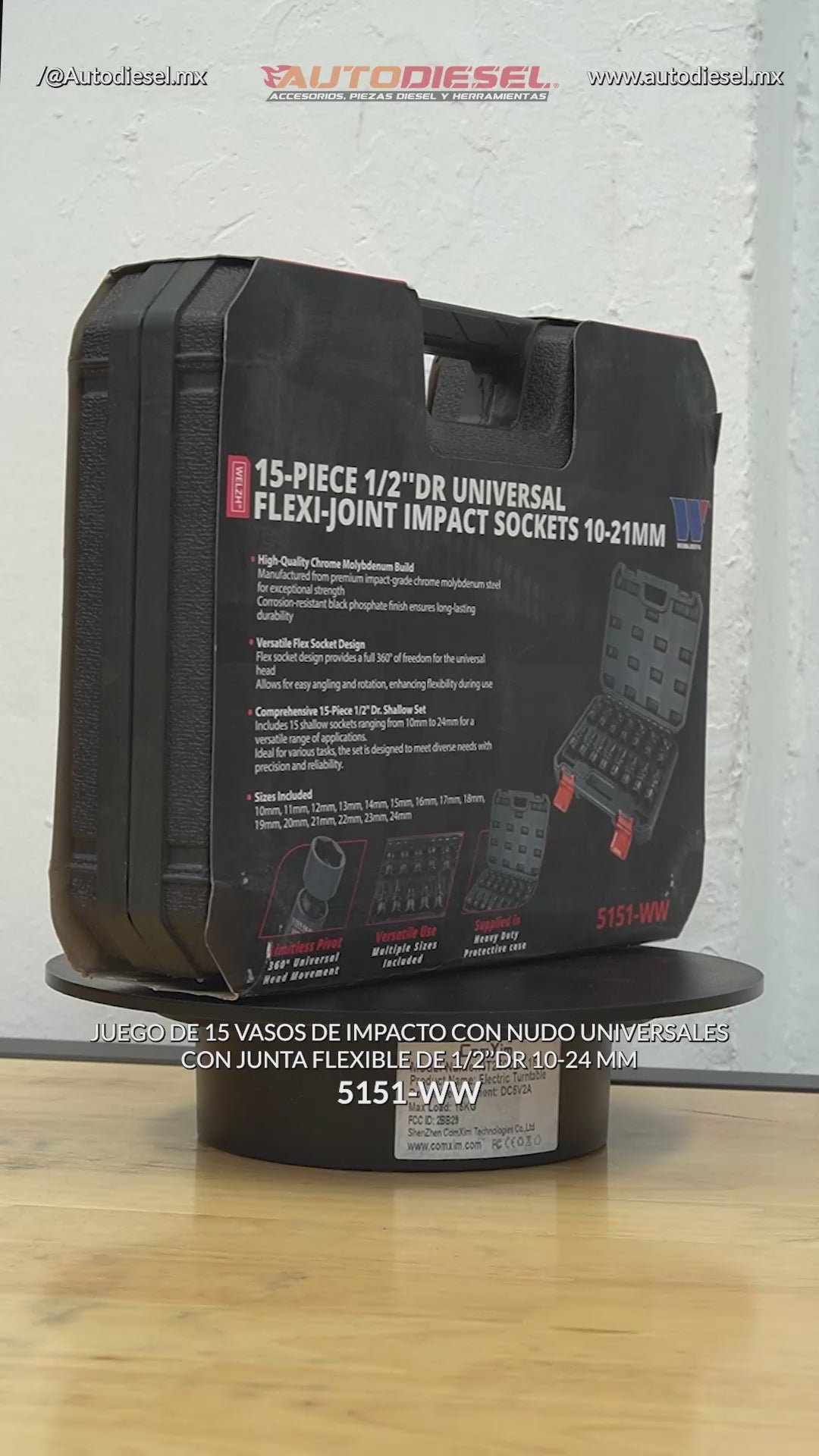 Juego de dados de impacto con nudo; 15 vasos de impacto universales con junta flexible de 1/2''dr, 10-24 mm 5151-WW